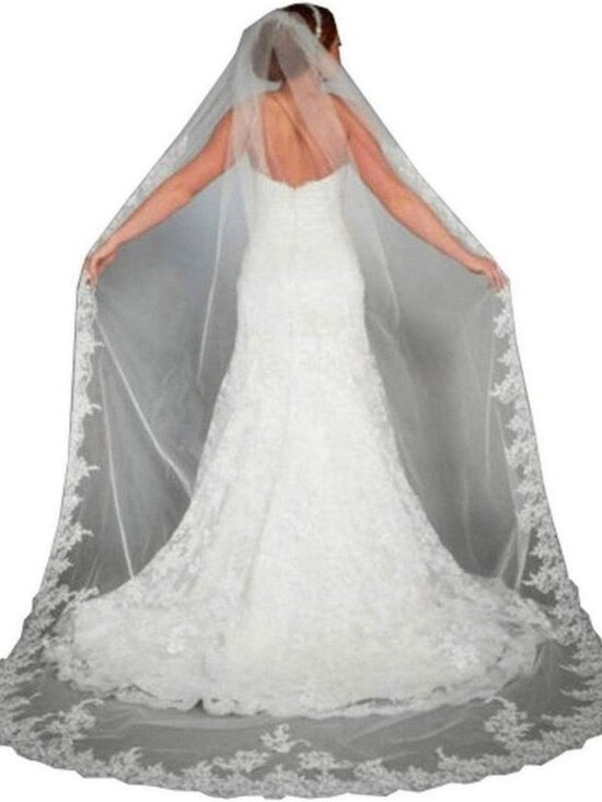 Long Bridal Lace Cathedral Wedding Veil with Comb - Floral Tulle Hair Accessory main image 6